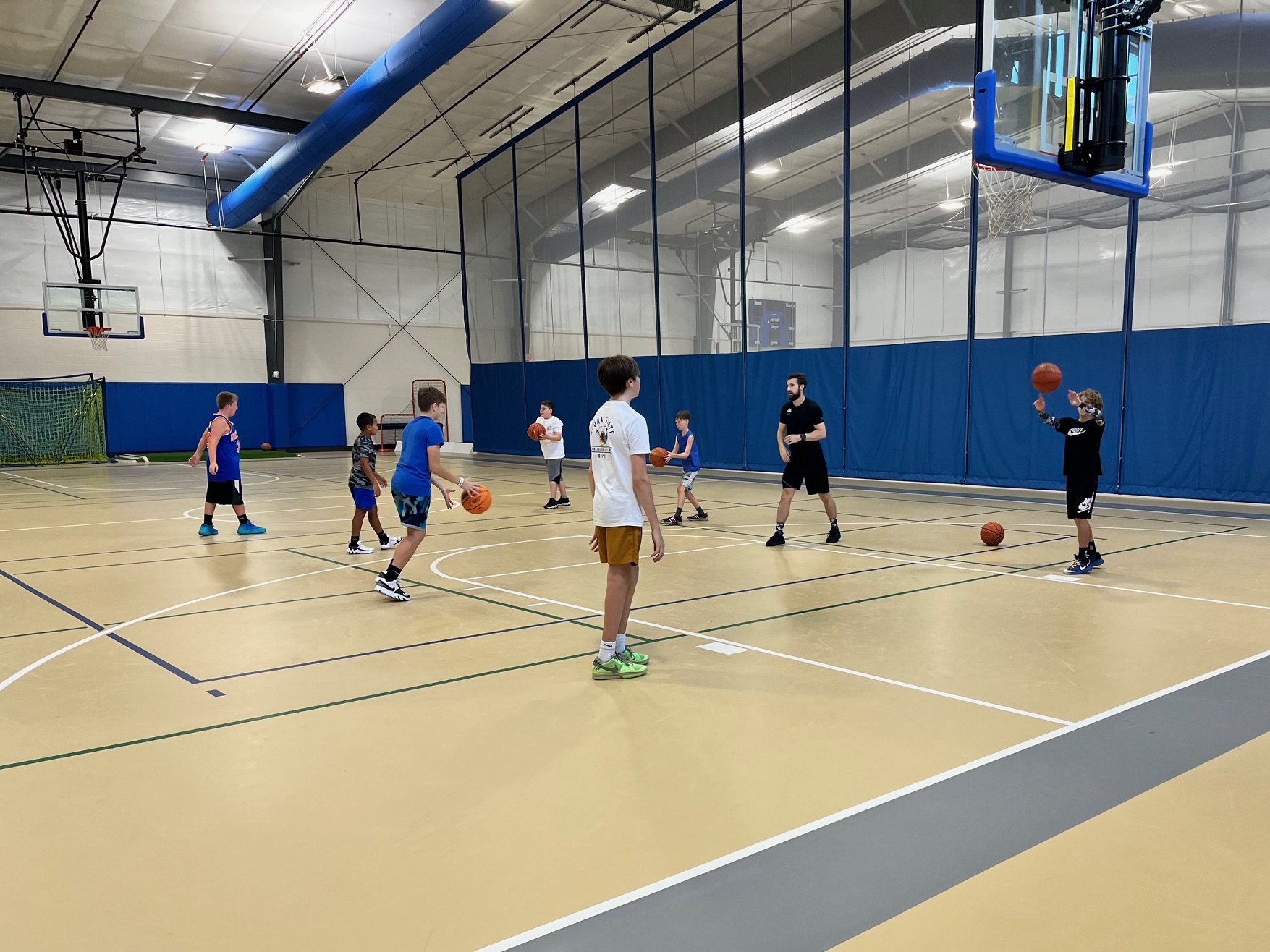 Passing drill during middle school basketball camp